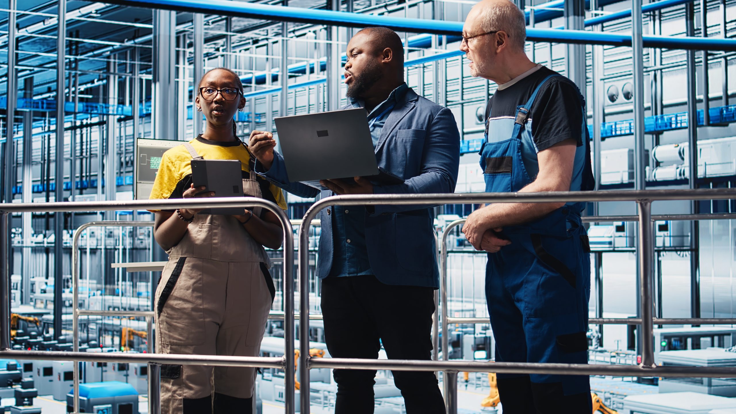 Smart factory manager teaching staff members to manage robotic arms using notebook. Supervisor overseeing industry 4.0 industrial plant, controlling automated machinery laptop, camera A
